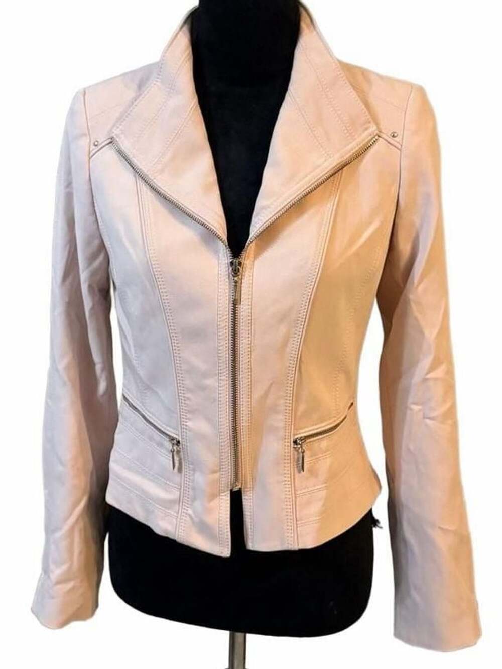 White House Black Market Pale Pink Knit Moto Jacket, Zip Sleeves & Stud embellis
